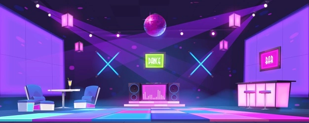 nightclub-with-bar -counter-tables-dj-console-dance-floor-illuminated-by-disco-ball-spotlights-vector- cartoon-interior-night-party-dance-club-with-glowing-scene-neon-lamps_107791-4207  | Acoustics, Automation & AV Engineered Designs
